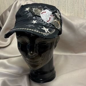 L.O.G.A Distressed Military Cadet Cap w/ Rhynstone Baseball and Stars